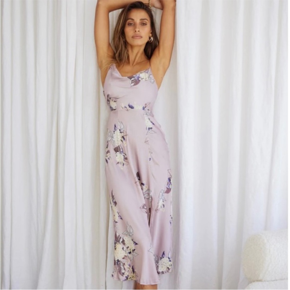 Selfie Leslie Suzi Front Split Satin Hydrangea Midi Dress Size S